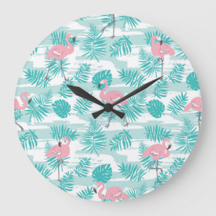 Relógio Grande flamingos cor-de-rosa, palmeiras verdes, tropicais