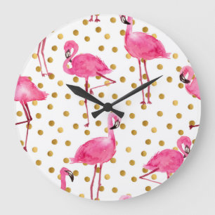 Relógio Grande flamingos cor-de-rosa, pontos ouros, aquarela.