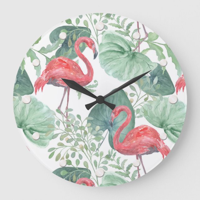 Relógio Grande Flamingos rosa aquarela e folhas. (Frente)