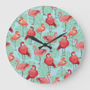 Relógio Grande Flamingos Rosa: Padrão Exótico Sem Olhos.