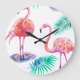 Relógio Grande Flamingos Tropicais: Orquídeas Aquarela Sem Olho.