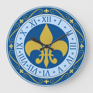Relógio Grande Fleur-de-Lis azul e Dourado