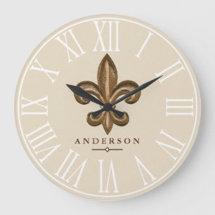Relógio Grande Fleur de Lis & Taupe, Dourado clássico  Personali