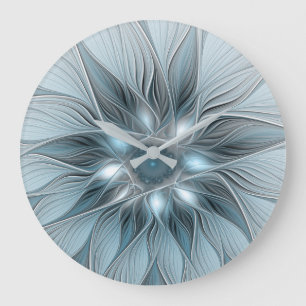 Relógio Grande Flor Abstrata Alegre Azul Cinza Floral Fractal
