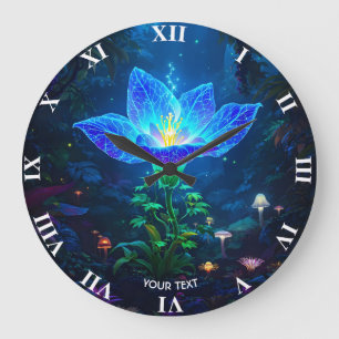 Relógio Grande Flor Azul Bioluminescente Fantasia