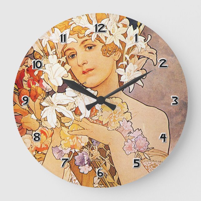 Relógio Grande Flor de Alphonse Mucha (Frente)