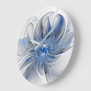 Relógio Grande Flor de Arte Fracionada com Cinza Azul abstrato