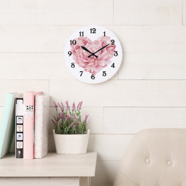 Relógio Grande Flor de Coração Rosa Suave Branco (Sala de leitura)