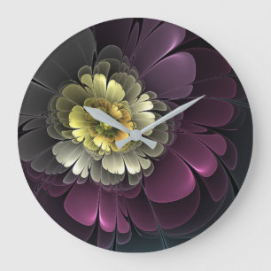 Relógio Grande Flor de Fractal Abstrato Moderno Purpura Cinza Kha