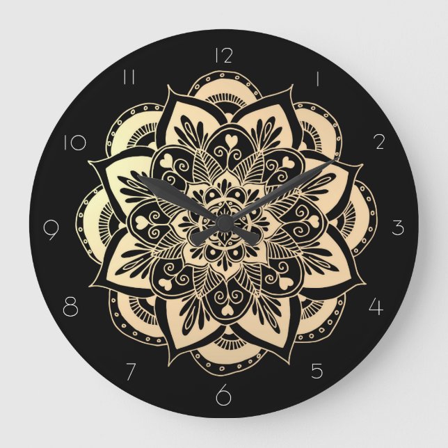 Relógio Grande Flor de Mandala Preto e Dourado (Frente)