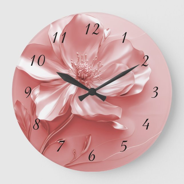 Relógio Grande Flor de Metal Brilhante Rosa 3D (Frente)