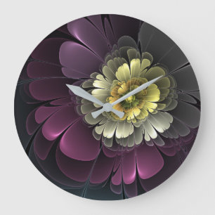 Relógio Grande Flor Fractal Abstrata Moderna Purpur Khaki Cinza