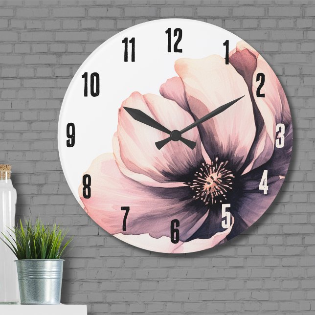 Relógio Grande Flor Moderno Rosa Floral (Flower Modern Minimalist Boho Black Pink Floral Large Clock)