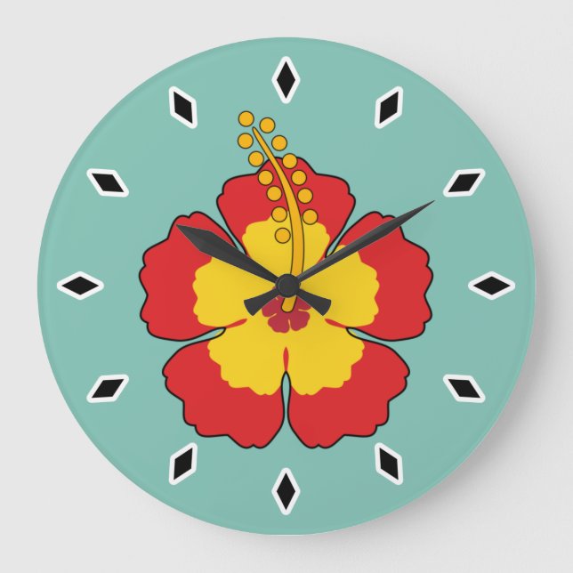 Relógio Grande Flor Tropical de Red Hibiscus (Frente)