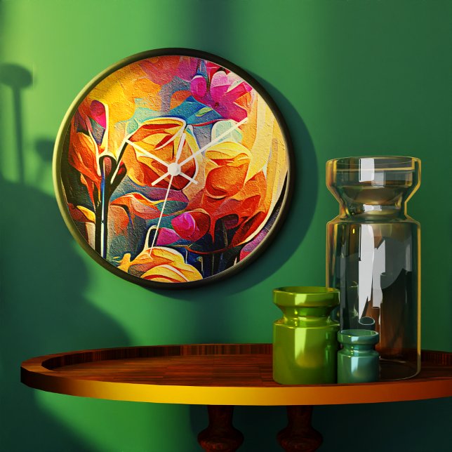 Relógio Grande Floral Abstrato Art Laranja Vermelho Azul Flores (Floral Abstract Art Orange Red Blue Flowers Clock)