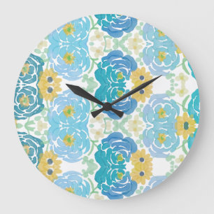 Relógio Grande Floral Aquarela Azul e Amarelo