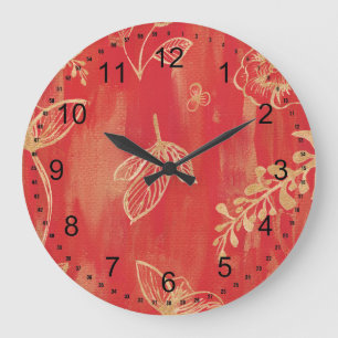 Relógio Grande Floral Aquarela Dourado Vermelho