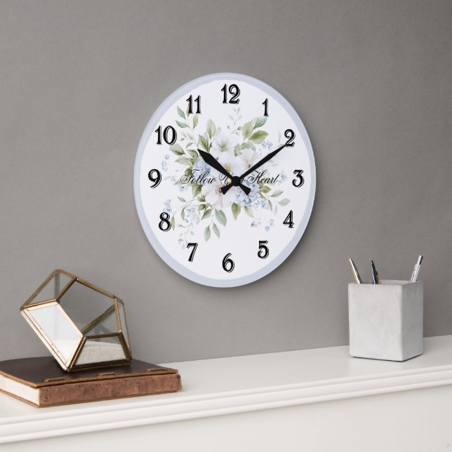 Relógio Grande Floral Branco Azul Bonito (Escritório)