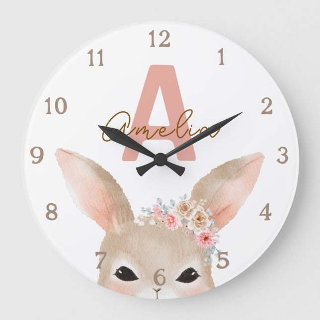 Relógio Grande Floral Bunny Ears Monogram Nursery Clock Personali (Frente)