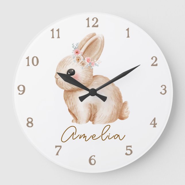 Relógio Grande Floral Bunny Personalized Nursery Wall Clock Custo (Frente)