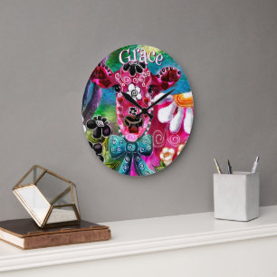 Relógio Grande Floral Caprichoso Vaca Rosa Azul Escuro Personaliz