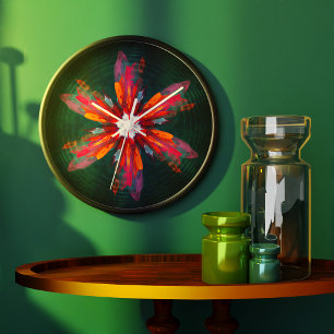Relógio Grande Floral Flores de Mandala Laranja Vermelho Abstrato