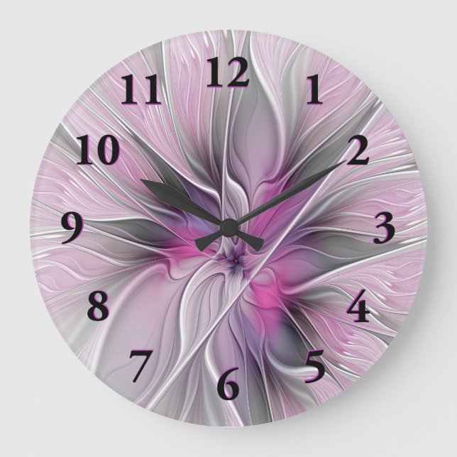 Relógio Grande Floral Fractal Moderno Abstrato Flor Rosa Cinza (Frente)