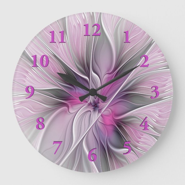 Relógio Grande Floral Fractal Moderno Abstrato Flor Rosa Cinza (Frente)