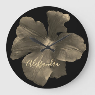 Relógio Grande Floral Retro Personalizado Preto Dourado Flor de A