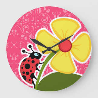 Relógio Grande Floral Rosa; Ladybug