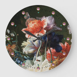 RELÓGIO GRANDE FLORES BRANCAS DAS ANÊMONAS ROSAS VERMELHA,