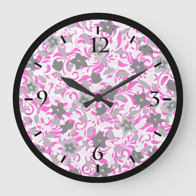 Relógio Grande Flores brancas de abstrato, cinza, cor-de-rosa (Frente)