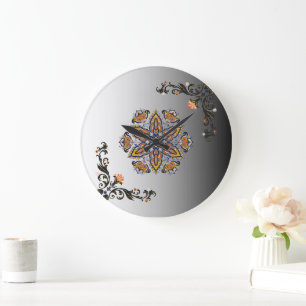 Relógio Grande Flores Celestiais Mandala Preto Dourado