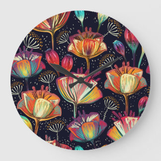 Relógio Grande Flores Coloridas Plantas Padrão Vintage