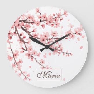 Relógio Grande Flores de Cerejeira Japonesa monograma Rosa Bege b