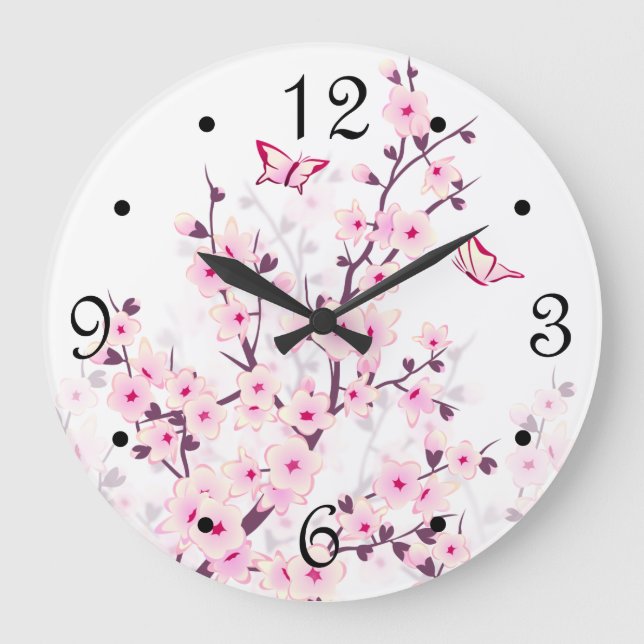 Relógio Grande Flores de Cerejeira Rosa Branco Números (Frente)
