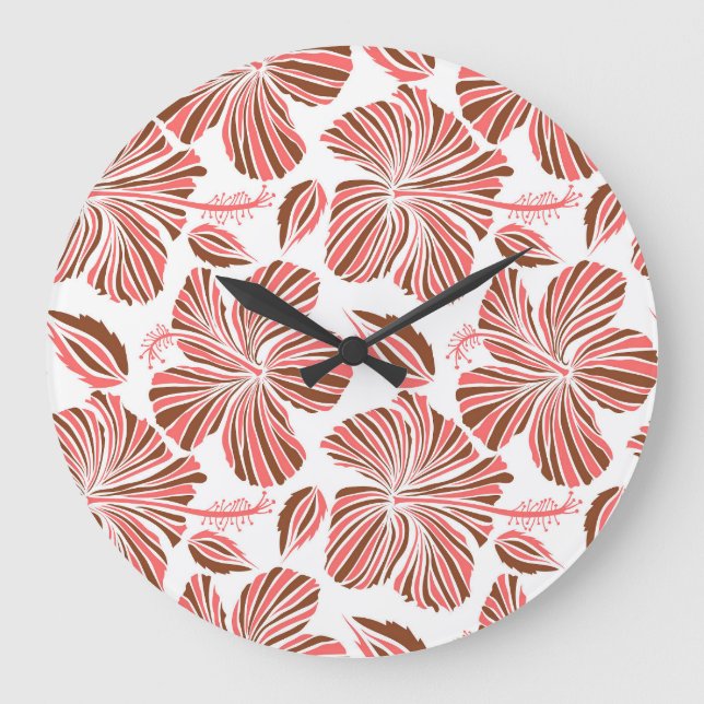 Relógio Grande Flores de hibisco havaianas: estilo tropical marro (Frente)