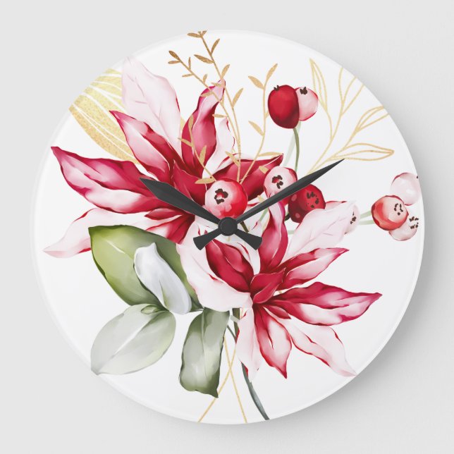 Relógio Grande Flores de inverno vermelhas poinsettia aquática (Frente)