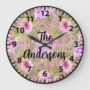 Relógio Grande Flores de madeira russa personalizadas, Rosas roxo