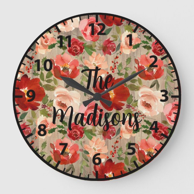 Relógio Grande Flores de madeira rústica personalizada rosas verm (Frente)