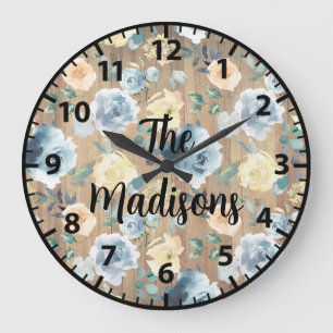 Relógio Grande Flores de Madeira Rústica Personalizadas Azul Crem