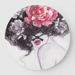 Relógio Grande Flores De Mulher, Fundo De Aquarela De Moda.