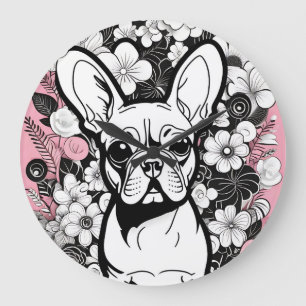 Relógio Grande Flores de pop art e Bulldog Francês