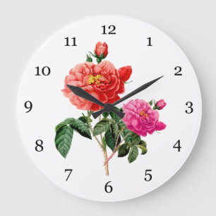 Relógio Grande flores de rosa vermelhas, rosadas botânicas vintag