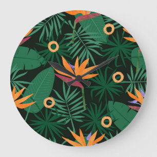 Relógio Grande Flores de Strelitzia: Fundo de Vintagem Tropica