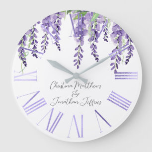 Relógio Grande Flores de Wisteria Roxo no Elegante Branco