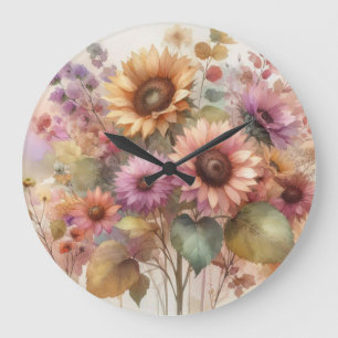 Relógio Grande Flores e girassóis, pastos de aquarela
