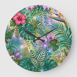 Relógio Grande Flores Fantasia da Selva Roxo Verde Dourado Sonhad