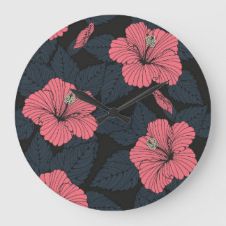 Relógio Grande Flores Hibiscus: papel de parede sem costura escur