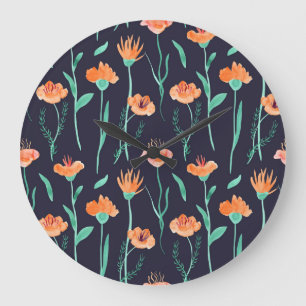 Relógio Grande Flores Laranja Fantasias: Padrão Escuro Aquarela.